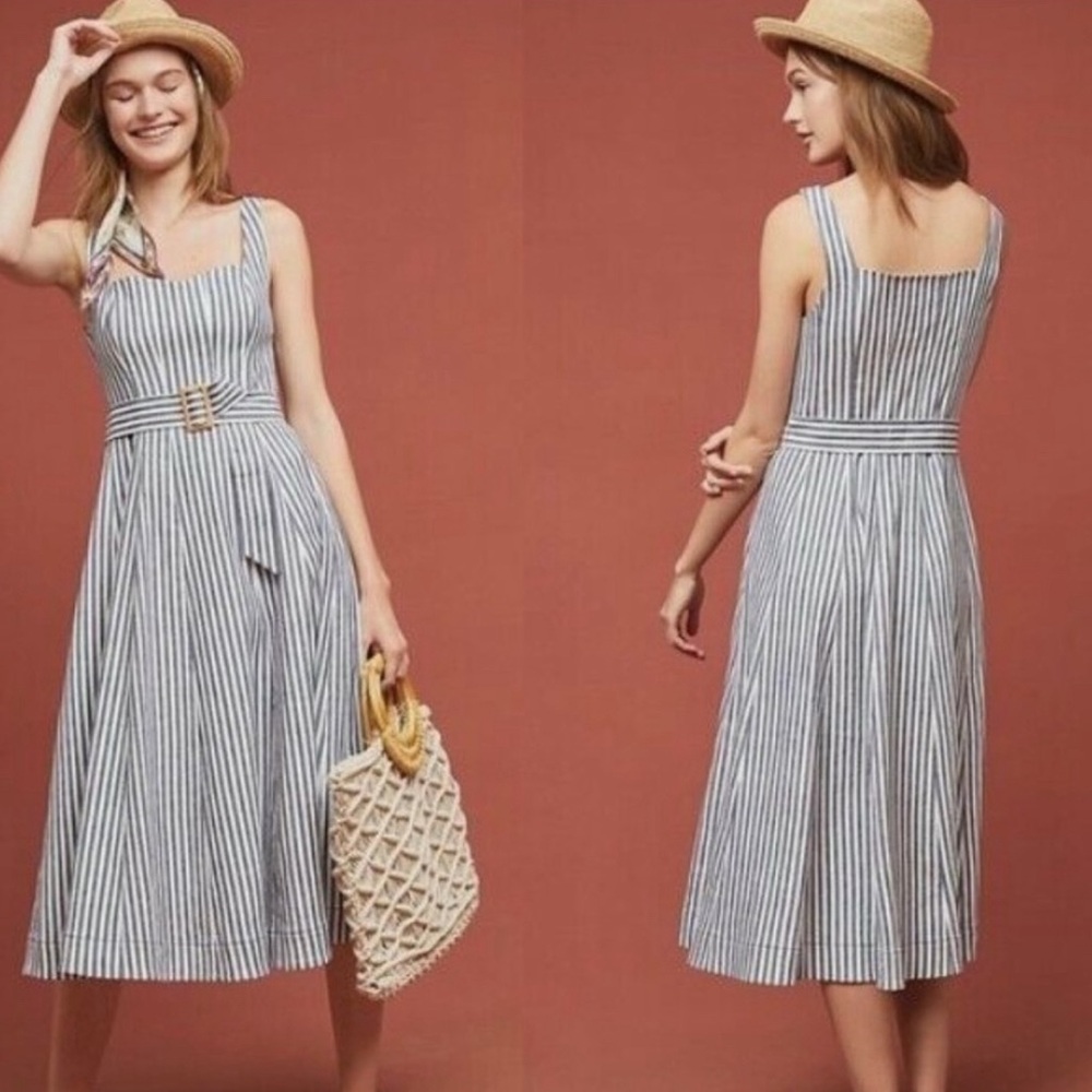 Maeve Blue/White Fowler Striped Midi dress with belt by Anthropologie